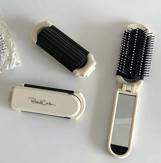 Travel Foldable Hair Brush with Mirror for Women – Pocket Size Compact Detangling Comb - Drocket